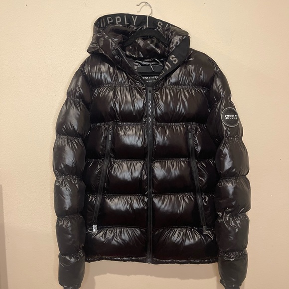 Black Puffer Jacket with Hood - Picture 1 of 7